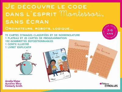 Visuel de Je découvre le code dans l'esprit Montessori, sans écran, ordinateurs, robots, logique, 3-6 ans, validé par des éducateurs Montessori